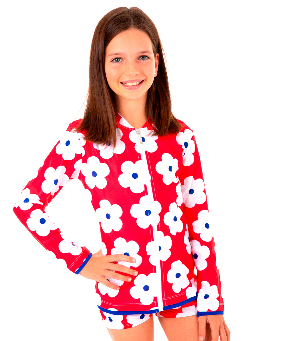 Girls Red Flower Long Sleeve Rashie (1,2,8,12,14)