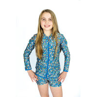 ditsy blue kids rashie for gilrs with hat
    		