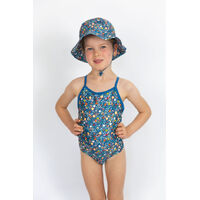 ditsy blue kids beach hat and swimsuit
    		