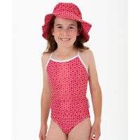 girl wearing Pinwheel Red Hat and looking at the camera
    		