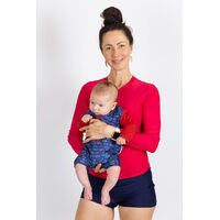 shark UV suit on baby boy with Mom
    		