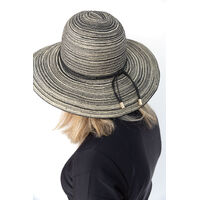 Back of woman's head wearing a fedora
    		