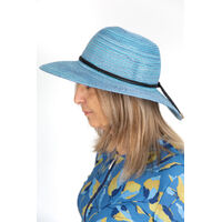 Side of woman's head wearing a fedora
    		
