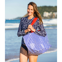 woman wearing Beach Bag Blue Leaf
    		