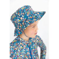 ditsy blue kids beach hat and swimsuit 