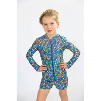 ditsy blue kids rashie for gilrs with hat 